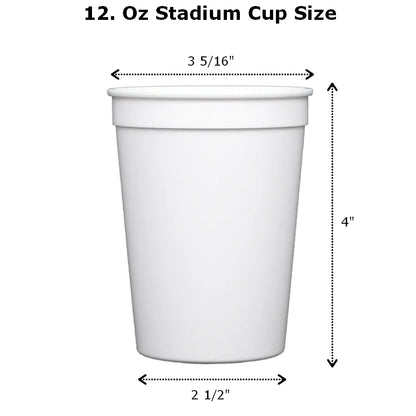12 Oz plastic stadium cups measure 3 5/16 inches wide at the top by 4 inches tall by 2 1/2 inches at the base