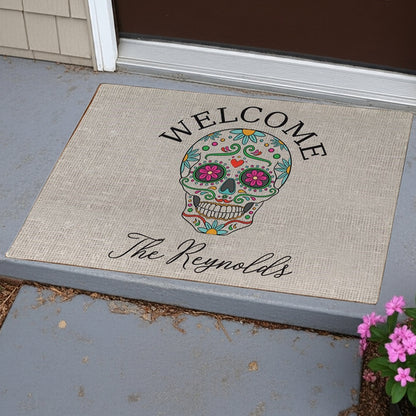 Sugar skull personalized doormat with floral design and custom family name