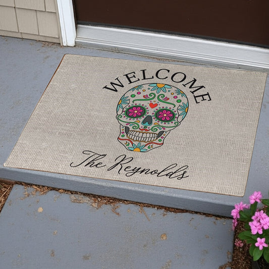 Sugar skull personalized doormat with floral design and custom family name