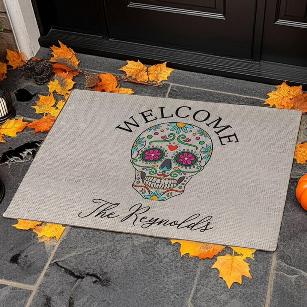 Sugar skull personalized doormat with colorful skull design and custom name welcome mat