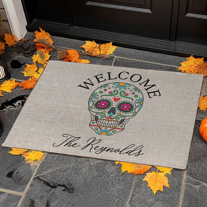 Sugar skull personalized doormat with colorful skull design and custom name welcome mat