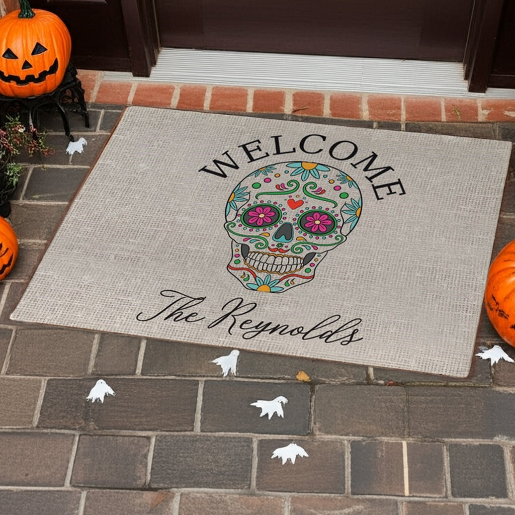 Sugar skull personalized doormat with colorful skull design and custom family name
