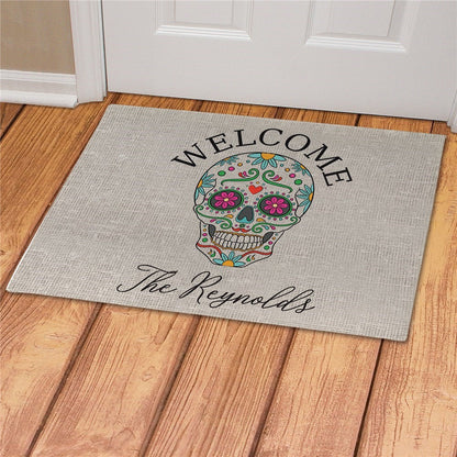 Sugar skull personalized doormat with colorful skull and custom family name on beige background