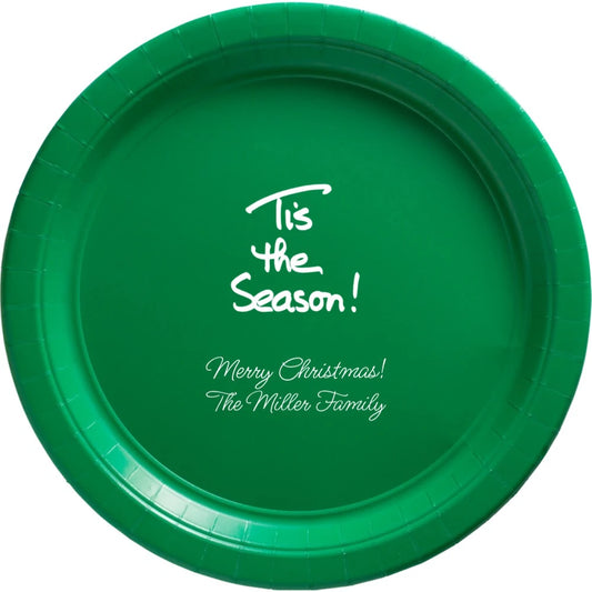 Green paper dinner plate personalized for Chrhistmas with Tis the Season design and two lines of text in white print