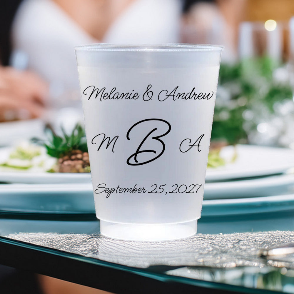 Traditional 3-Letter Monogram 16 Oz Frosted Wedding Cups personalized with names and wedding date by Tippytoad