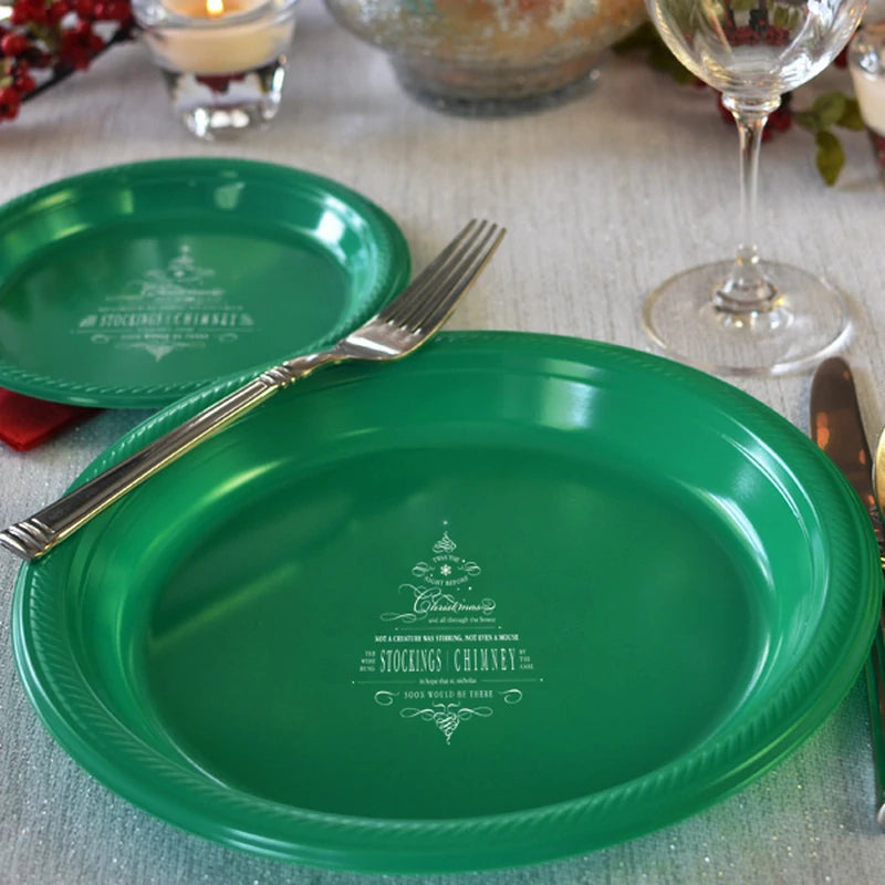 Green plastic dinner plate personalized with The Night Before Crhistmas Tree design in white print