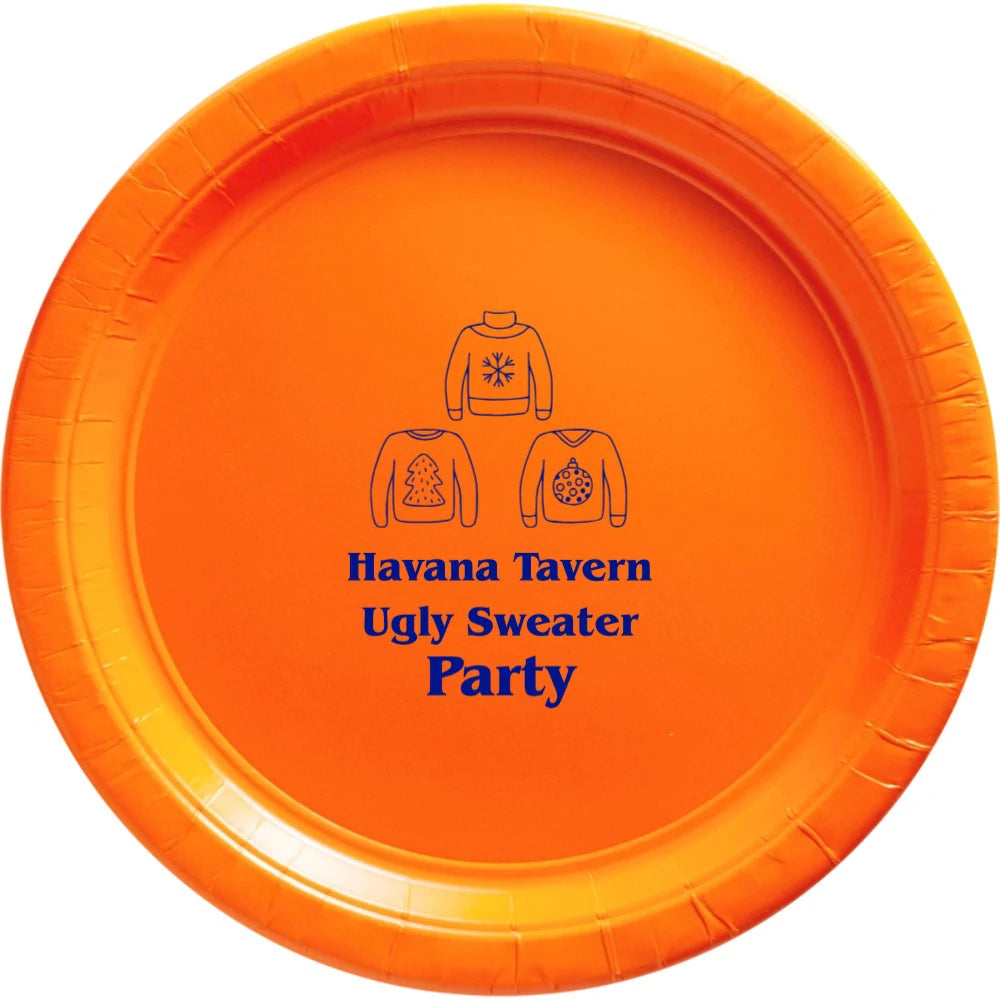 Orange paper Christmas party plate custom printed with Ugly Sweaters design and custom text for Christmas bar party appetizers