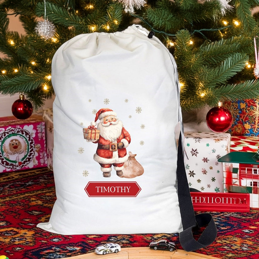 Personalized Santa Christmas gift sack with festive design and adjustable strap, perfect for holiday gifting