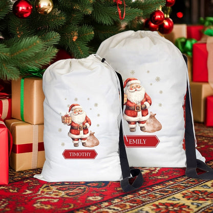 Personalized vintage Santa Christmas gift sacks with festive design for storing holiday presents