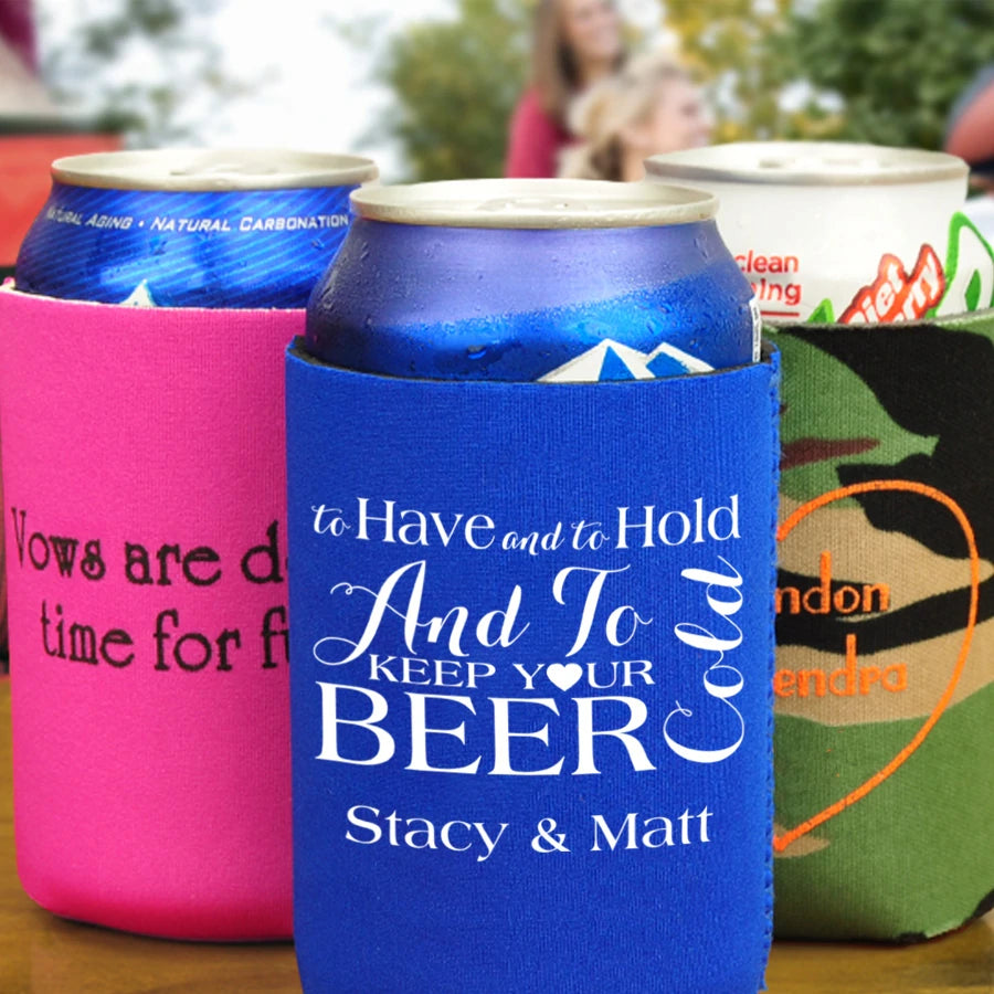 Custom printed wedding can cooler favors in blue, pink and camo colors