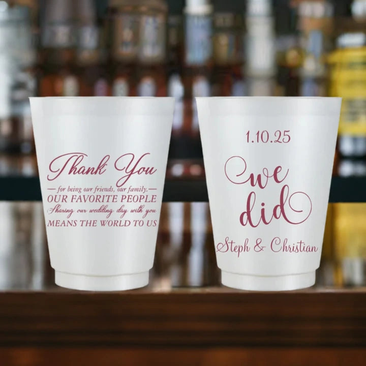 Pearl color plastic wedding glasses personalized with thank you design on front side and we did it design with wedding date and bride and groom name on back side in burgundy print