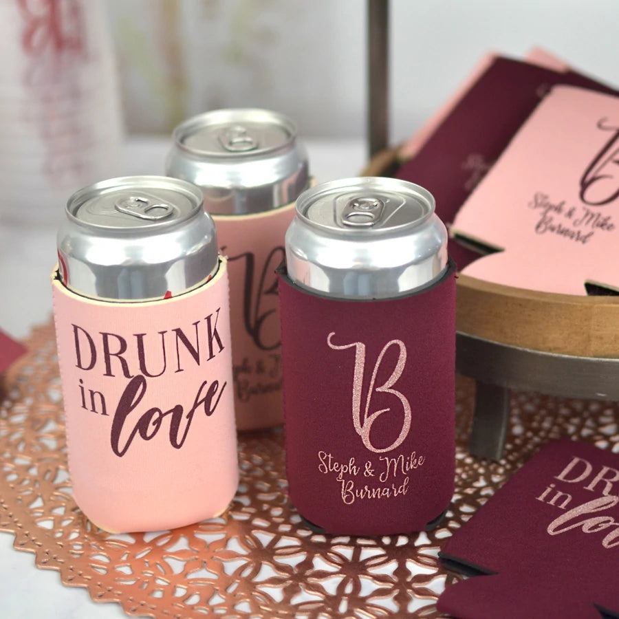 Light pink and burgundy color wedding can cozies personalized with custom print for wedding reception favors