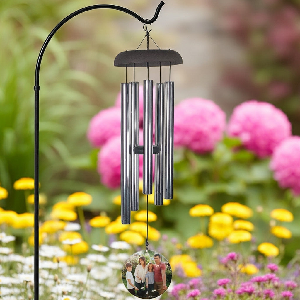 Wind chime personalized with photo wind sail hanging outdoors with silver tubes