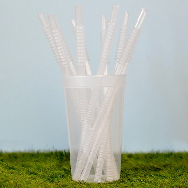 10 Inch clear semi-transparent reusable bendable straws stacked in 22 ounce clear stadium cup