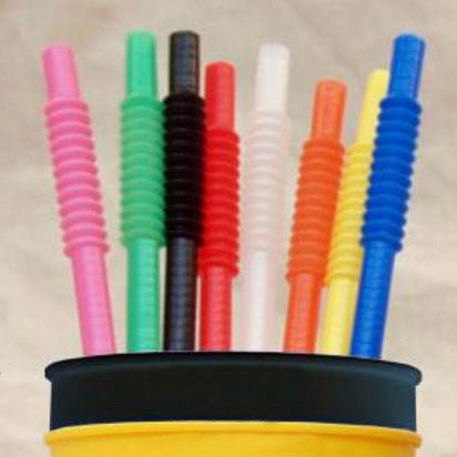 12 Inch long reusable plastic flex tip drink straws available in clear, white, black, red, pink, oragne, yellow, green and blue color options for 32 oz. personalized stadium cups