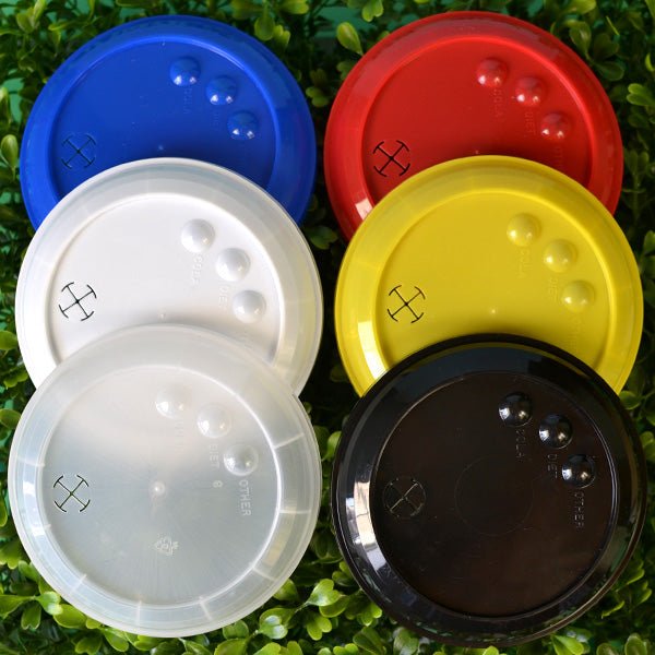 Reusable snap-on plastic lids for 32 ounce size plastic stadium cups available in natural, black, white, yellow, blue and red lid colors