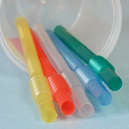 7 Inch long reusable plastic bendy straws for 12 to 16 ounce stadium cups available in natural, red, yellow, green and blue color options