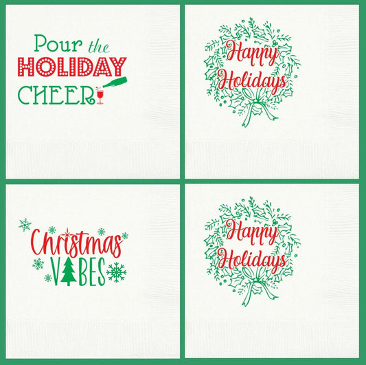 Pre-printed holiday cocktail napkins for Christmas party drinks, appetizers & desserts