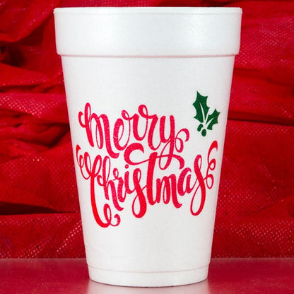 Merry Christmas Calligraphy Pre-printed 16 oz. foam holiday party cups