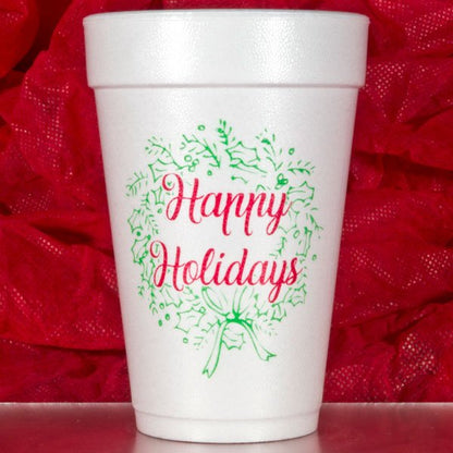 Holidays Wreath Pre-printed 16 oz. foam holiday party cups
