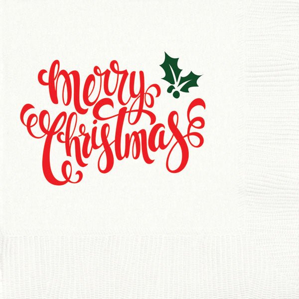Merry Christmas Calligraphy pre-printed holiday party cocktail, appetizer and dessert napkins