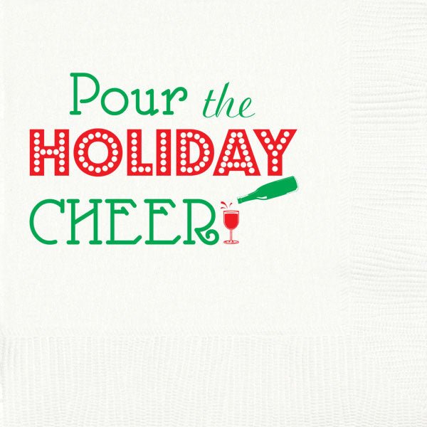 Pour the Holiday Cheer pre-printed holiday party cocktail, appetizer and dessert napkins
