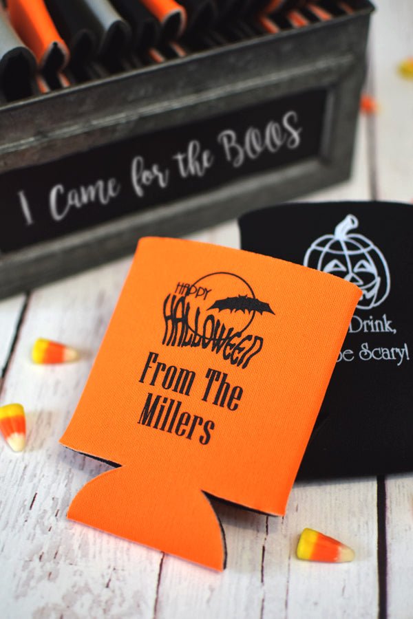 Orange neoprene can cooler favor personalized with 'Happy Halloween' design and 2 lines of custom text in black imprint color