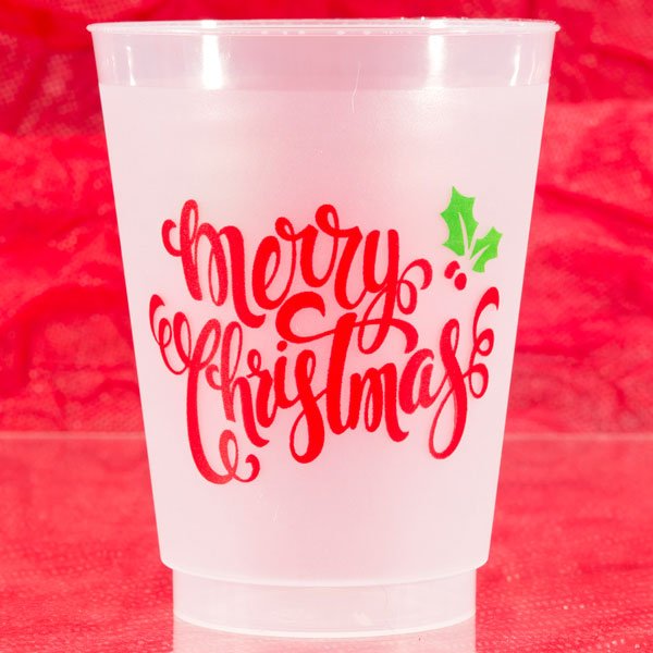 Merry Christmas Calligraphy pre-printed holday theme reusable 16 ounce frosted cocktail party cups
