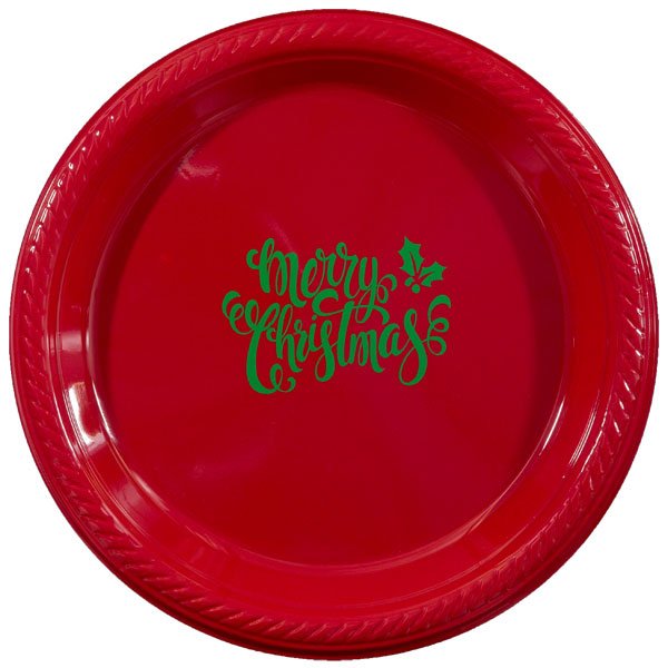 Red 7 inch plastic party plate pre-printed with 'Merry Christmas Calligraphy' design in green imprint color for holiday appetizer, cookie and dessert plates