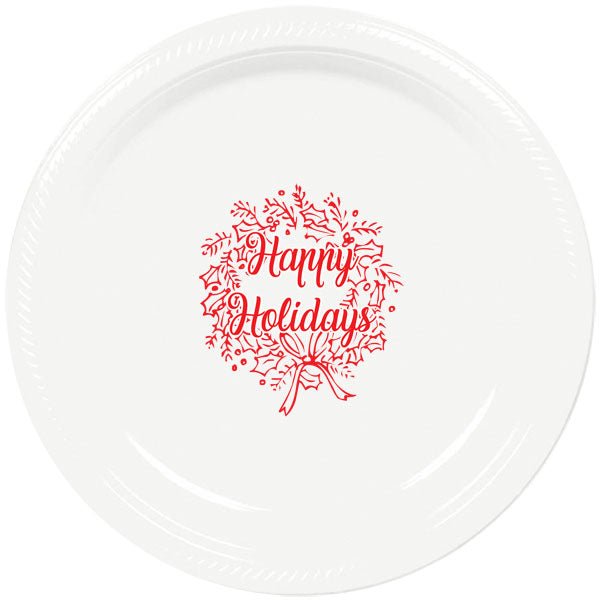 White 7 inch plastic party plate pre-printed with 'Happy Holidays Wreath' Christmas holiday design